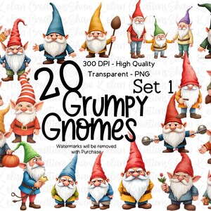 May include: Digital illustration of 20 grumpy gnomes in various poses, wearing colorful hats and outfits. The gnomes have long white beards and are holding objects like a spoon, weights, and flowers. Text reads "20 Grumpy Gnomes Set 1".