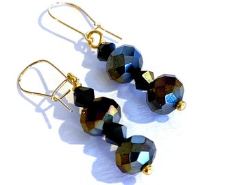 Black Crystal Drop Earrings, Secure Gold Filled Kidney Ear Wires, Austrian Crystal Earrings, Gold Filled Ear Wires, Black AB Crystal  (E275)