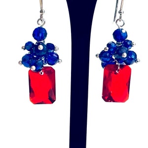 Swarovski Siam Red and Sapphire Blue Crystal Drop Earrings