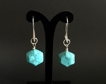 Turquoise Magnesite Drop Earrings with Sterling Silver Ear Wires, Turquoise Earrings, Magnesite Earrings, Hexagonal Beaded Earrings   (E206)