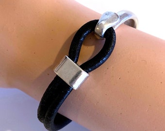 Black Leather Bracelet with Silver Half Cuff, Black Cuff Bracelet with Silver, Leather Bracelet, Leather Bracelet, Man Bracelet       (B187)