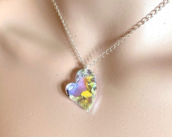 Swarovski AB Crystal Heart on Sterling Silver Chain Heart Necklace, Swarovski Heart, Crystal Pendant, Swarovski Pendant Bridal Necklace N360