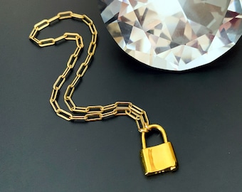 Gold Filled Padlock Bracelet: Vermeil Lock, Paperclip Chain
