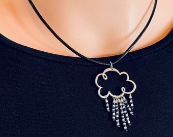 Cloud Necklace, Cloud Pendant on Leather, Black Leather Necklace, Raincloud Necklace, Silver Cloud Pendant, Rain Cloud Pendant        (N359)