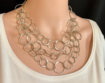Eye catching Multi Layered Chain Necklace, Statement Necklace, Collar Necklace, Neutral Necklace, Silver Chain Layered Necklace       (N471)