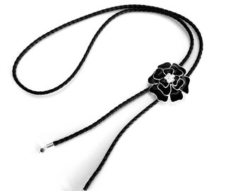 Black Flower Bolo Necklace, Vintage Enamel Flower Necklace, Black & Silver Necklace, Lariat Necklace, Black Lariat, Black Bolo, Bolo,  N393)