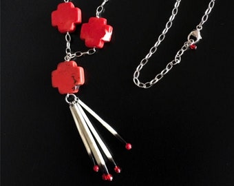 Porcupine Quill Chain Necklace, Rolo Chain Necklace,Cross Necklace, Maltese Cross Necklace, Quill Necklace,Red Necklace,Quill Pendant (N282)