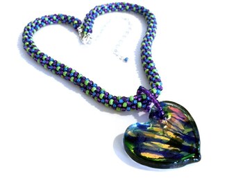 Kumihimo Braided Necklace & Earrings Set: Sterling Silver, Iridescent Heart Pendant