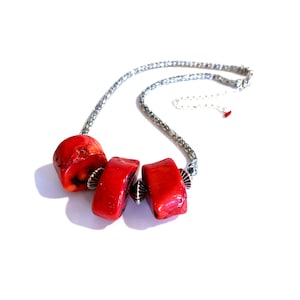 Chunky Red Coral Necklace: Adjustable Steel Chain Statement Jewelry