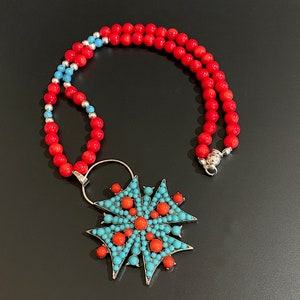 Turquoise Coral Necklace: Maltese Cross Pendant, Sunglasses Holder