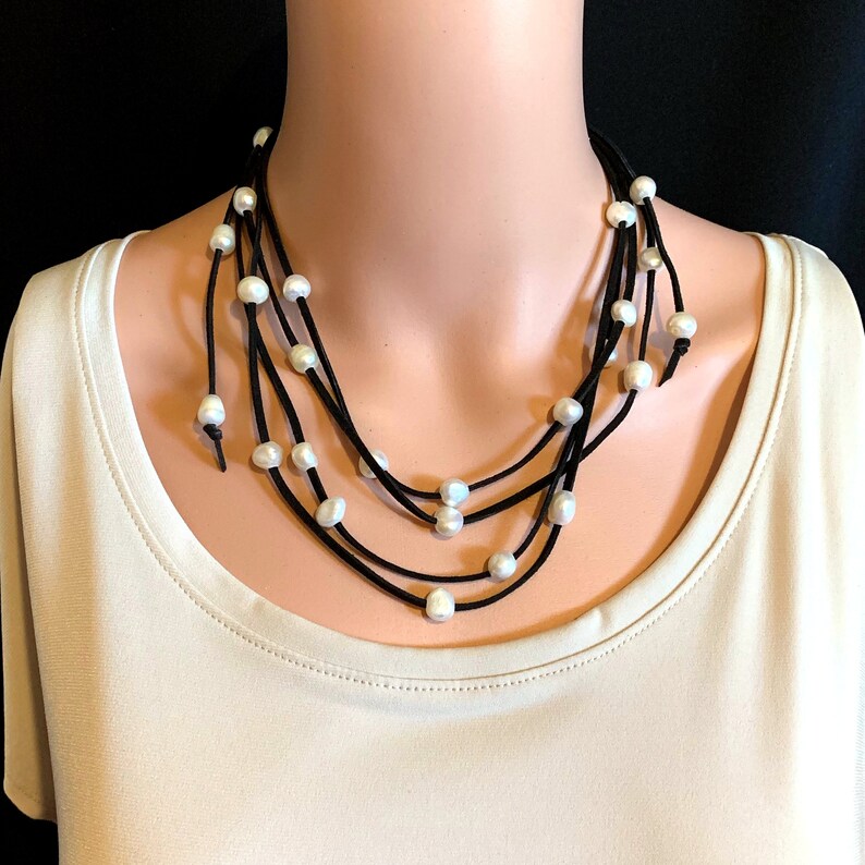 Black Faux Suede & Pearl Lariat Necklace Long Wrap Necklace Etsy