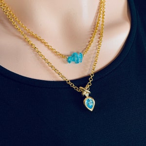 Blue Topaz Layered Necklace: Gold Rolo Chain, Adjustable Length