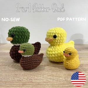 縫わないゴム製アヒルのかぎ針編みパターン：2 in 1 アミグルミぬいぐるみ（PDFパターン）
