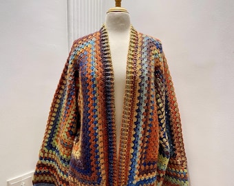 Cardigã de crochê com hexágonos, modelo "Grandma Square", tamanhos do PP ao 5XG (padrão em PDF)