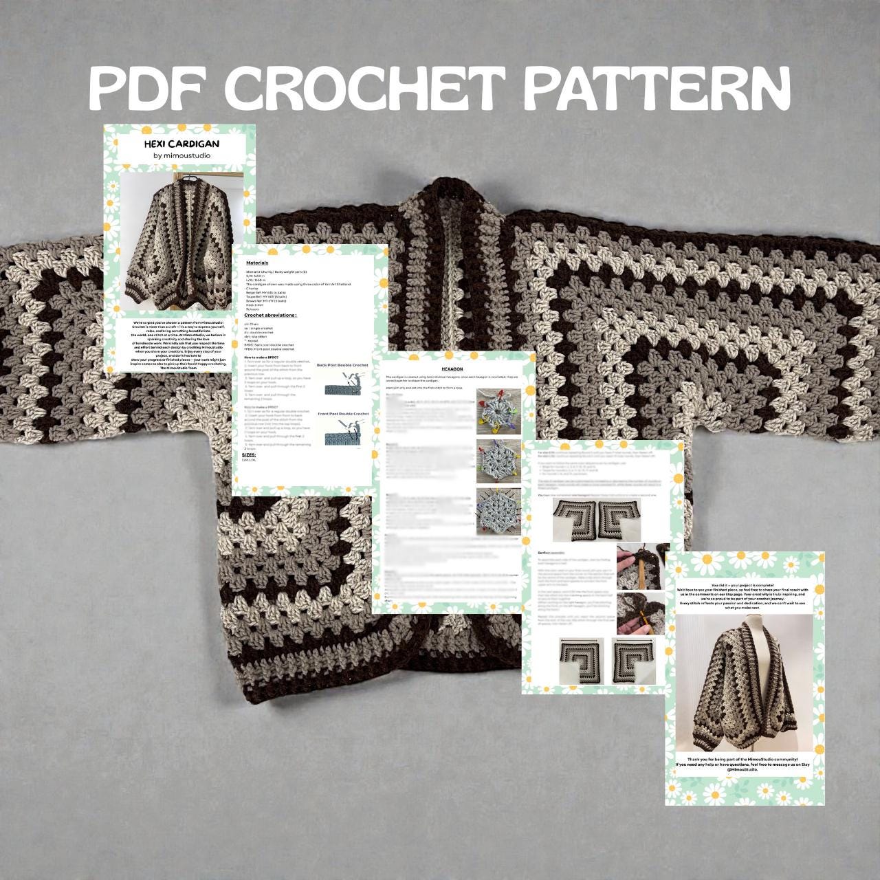 Hexagon Granny Square Cardigan Crochet Pattern, Sizes S/M & L/XL