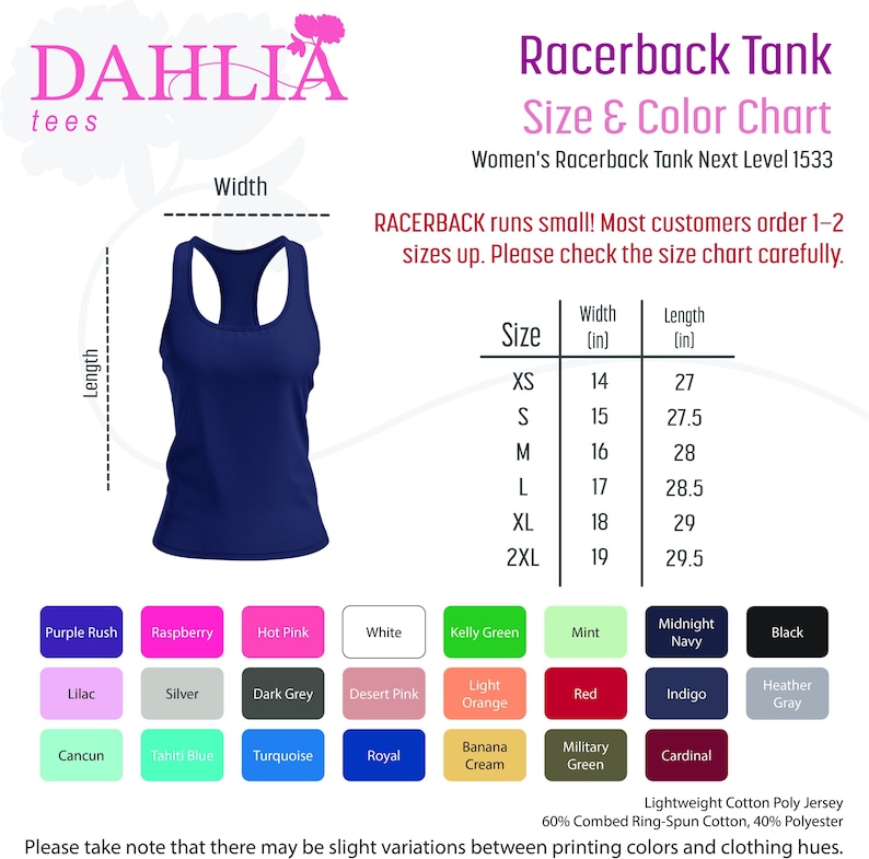 Puede incluir: Tabla de tallas para un tanque de espalda nadadora con medidas en pulgadas. La tabla muestra las tallas XS a 2XL con las medidas de ancho y largo correspondientes. La tabla tambi&eacute;n incluye una tabla de colores con 18 opciones de colores diferentes.