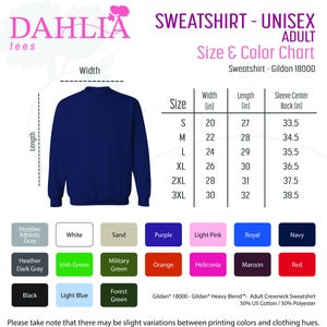 May include: A size chart for unisex adult sweatshirts, showing measurements in inches for width, length, and sleeve center back. The chart includes sizes S through 3XL. The chart is labeled "Sweatshirt - Gildan 18000".
