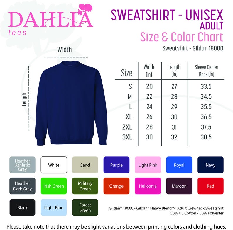 May include: A size chart for unisex adult sweatshirts, showing measurements in inches for width, length, and sleeve center back. The chart includes sizes S through 3XL. The chart is labeled "Sweatshirt - Gildan 18000".