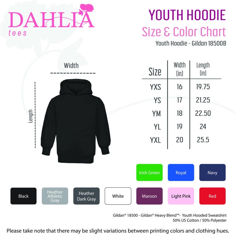 May include: Youth hoodie size chart with color options. The chart shows sizes from YXS to YXL with corresponding width and length measurements in inches. Color options include black, heather athletic gray, heather dark gray, white, maroon, light pink, red, Irish green, royal, and navy.