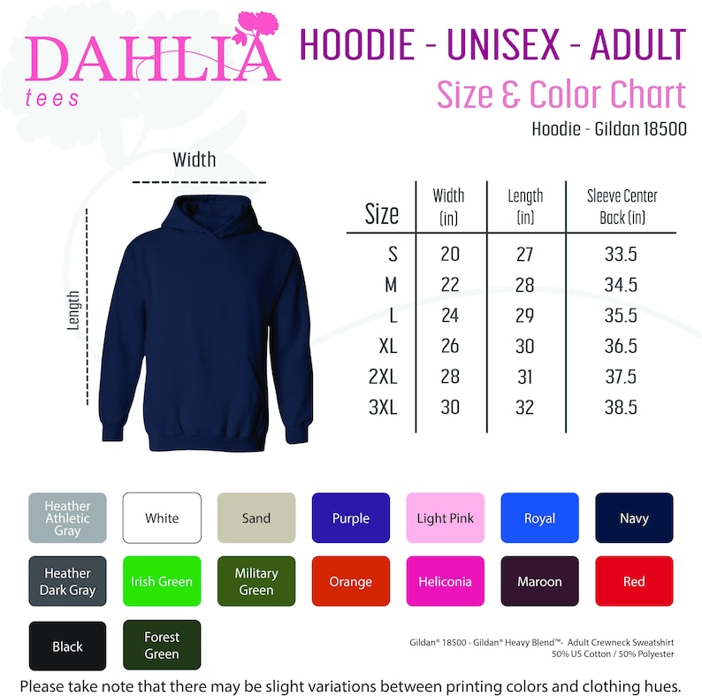 May include: A size chart for unisex adult hoodies, showing measurements in inches for width, length, and sleeve center back. The chart includes sizes from S to 3XL. The chart is labeled "Hoodie - Gildan 18500". Below the chart is a color chart with 12 different color options for the hoodies.