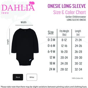 May include: Size chart for Gerber Childrenswear long sleeve onesies. The chart shows sizes from 0-3 months to 24 months, with corresponding weight and length measurements in inches. The chart is printed on a white background with black text.