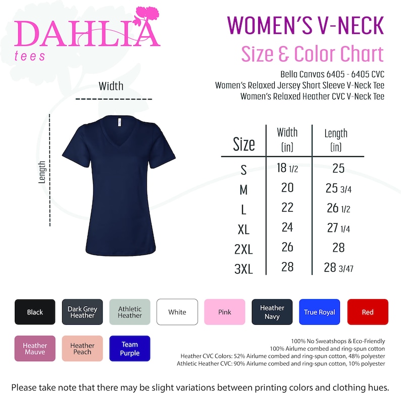 Puede incluir: Tabla de tallas para camisetas de cuello en V para mujer. La tabla muestra el ancho y la longitud en pulgadas para las tallas S a 3XL. La tabla tambi&eacute;n incluye una tabla de colores con varios colores, incluidos negro, blanco, rosa, azul marino jaspeado, azul real y rojo.