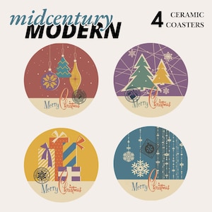 MIDCENTURY MODERN 4-Pack Ceramic Coasters / Christmas Coasters / Holiday HomeDecor