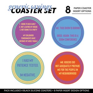 GENERIC SAYING Silicone Coaster Set with Paper Inserts / Funny Coaster Sets / House Warming Gift