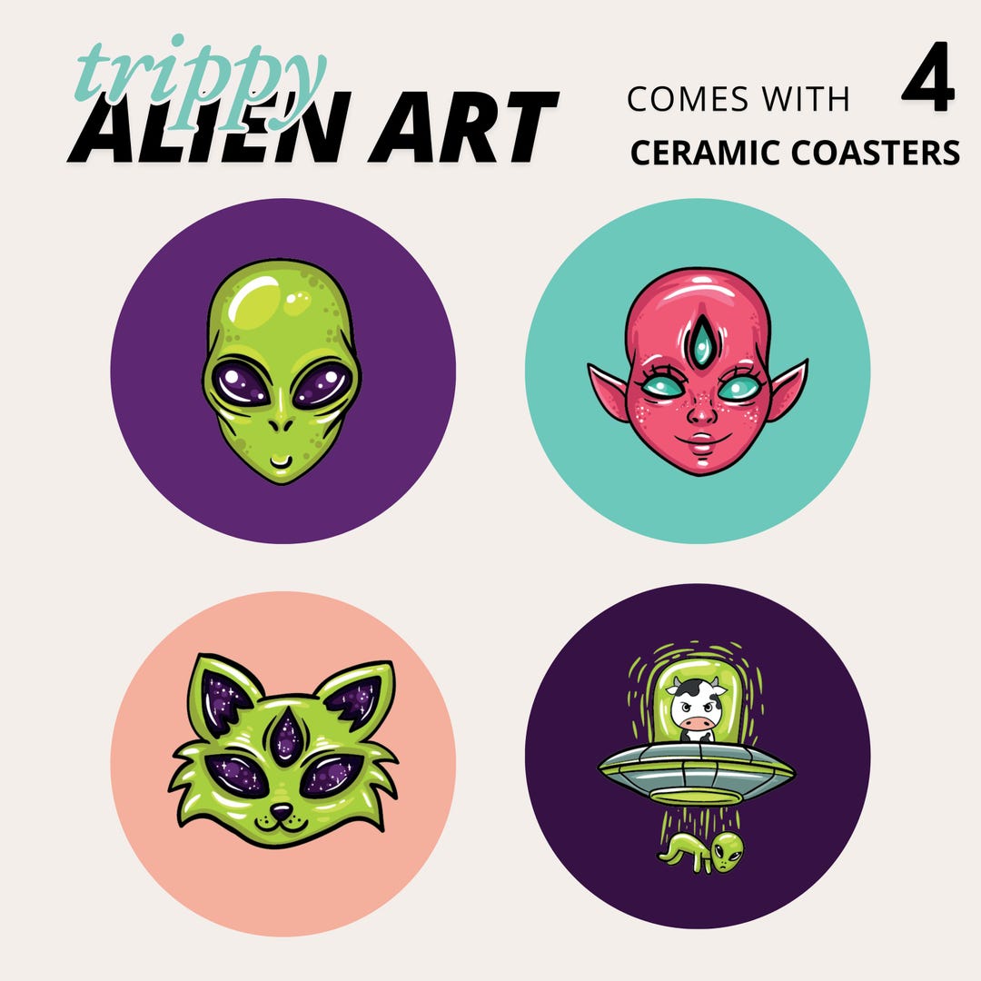 Trippy Alien Ceramic Coaster Set: Funny Sci-fi Decor - Etsy