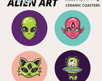 Trippy Alien Untersetzer SET aus Keramik: Lustiges Sci-Fi Dekor