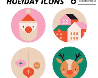May include: Circular holiday icons with a cosy Christmas theme. The image shows Santa Claus, houses, baubles, and a reindeer. Text includes "cozy christmas HOLIDAY ICONS" and "HOLIDAY COASTER DESIGN OPTIONS".