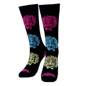 May include: A pair of black socks featuring a repeating pattern of Albert Einstein's face in pink, blue, and yellow. The socks have a colorful design and are made of a comfortable material.