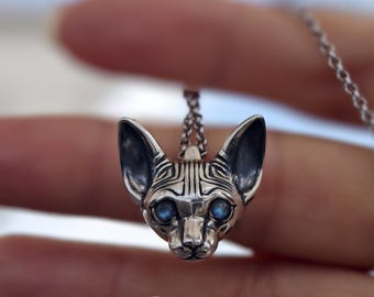 Collar Devon Rex de plata de ley: Ojos de piedra lunar, regalo para amantes de los gatos