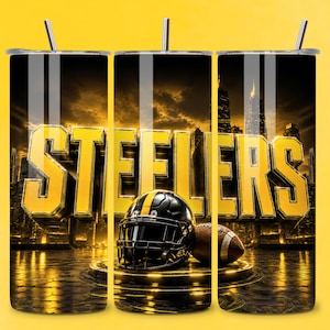 May include: A cylindrical tumbler featuring a black and yellow color scheme with the word STEELERS in large block letters. The design includes a football helmet and a football set against a dark city skyline background with a metallic straw.