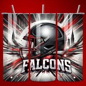 May include: A black and red tumbler with a graphic of a football helmet and the word "FALCONS" in red letters. The background is a white and black abstract design.