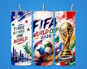 Diseño PNG para vaso térmico delgado de 20 oz del Mundial 2026, diseño de sublimación de la Copa Mundial de la FIFA, diseño para vaso térmico de fútbol, patrón sin costuras, descarga digital.