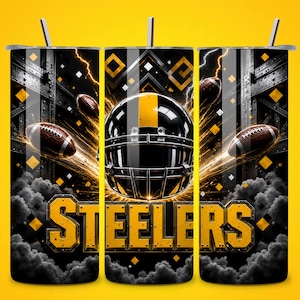 May include: A cylindrical tumbler featuring a black and yellow football theme with a central helmet, flying footballs, lightning bolts, and smoke effects. The word STEELERS is printed in large, bold, yellow block letters at the bottom.