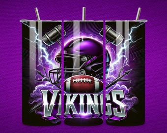 May include: Three purple and black sublimation tumblers with a football helmet, lightning bolts, and the word "VIKINGS" in silver lettering.