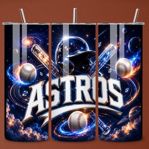 May include: A cylindrical tumbler featuring a space-themed design with the word ASTROS in white lettering. The graphic includes a baseball helmet, two crossed baseball bats, and three baseballs set against a dark blue cosmic background.