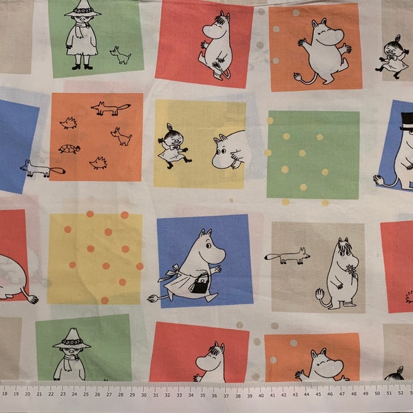 vintage moomin fabric white background, small characters cotton