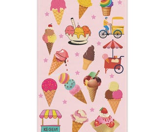 May include: A pink rectangular towel featuring a repeating pattern of various ice cream cones, sundaes, and ice cream carts. The ice cream cones have different colors and flavors, including pink, yellow, chocolate, and rainbow. Small pink stars are scattered throughout the design.
