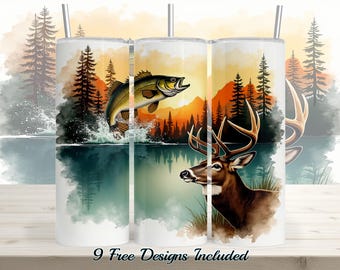 Rustic Wildlife Sunset Tumbler - 20oz Skinny Sublimation Design with Deer & Bass - Nature Lover Gift