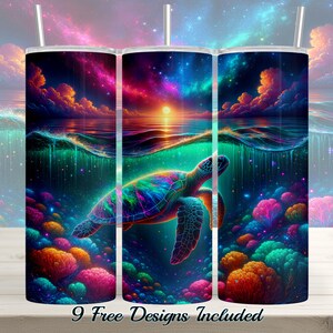 May include: Three stainless steel tumblers with a colorful design of a sea turtle swimming in a vibrant underwater scene with coral reefs and a starry sky above.  The design features a rainbow color palette.