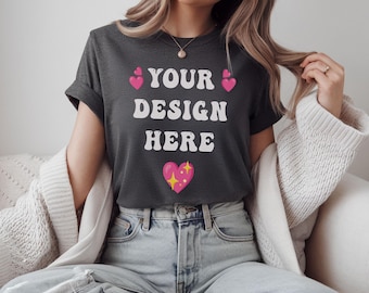 Dark Heather Rolled Sleeve T-Shirt Mockup: Female Model, Cozy Home (Digital Download)