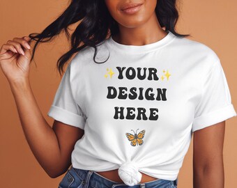 Knotted T-Shirt Mockup: Rolled Sleeve Tee, Female Model (Digital Download)