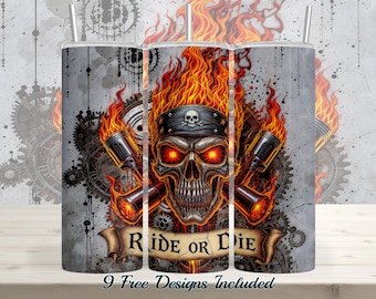 Fiery Skull Motorcycle Tumbler Design: Ride or Die Biker PNG (Digital Download)