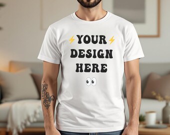White T-Shirt Mockup: Tattooed Male Model, Modern Interior (Digital Download)