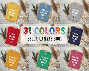 Bella Canvas 3001 T-Shirt Mockup Bundle: Boho Flat Lay (31 Color PNGs)