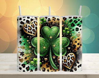 Leopard Shamrock Tumbler, Glitter Sublimation Wrap, 20oz Skinny Tumbler PNG, Irish Tumbler, Digital Download, Animal Print, And Free Designs
