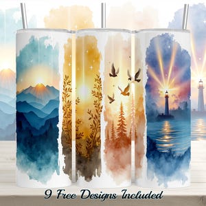 Puede incluir: Nueve diseños diferentes para vasos de sublimación. Cada diseño presenta un estilo acuarela con una salida del sol, montañas, árboles o un faro. Los diseños están en tonos de azul, amarillo, naranja y blanco.